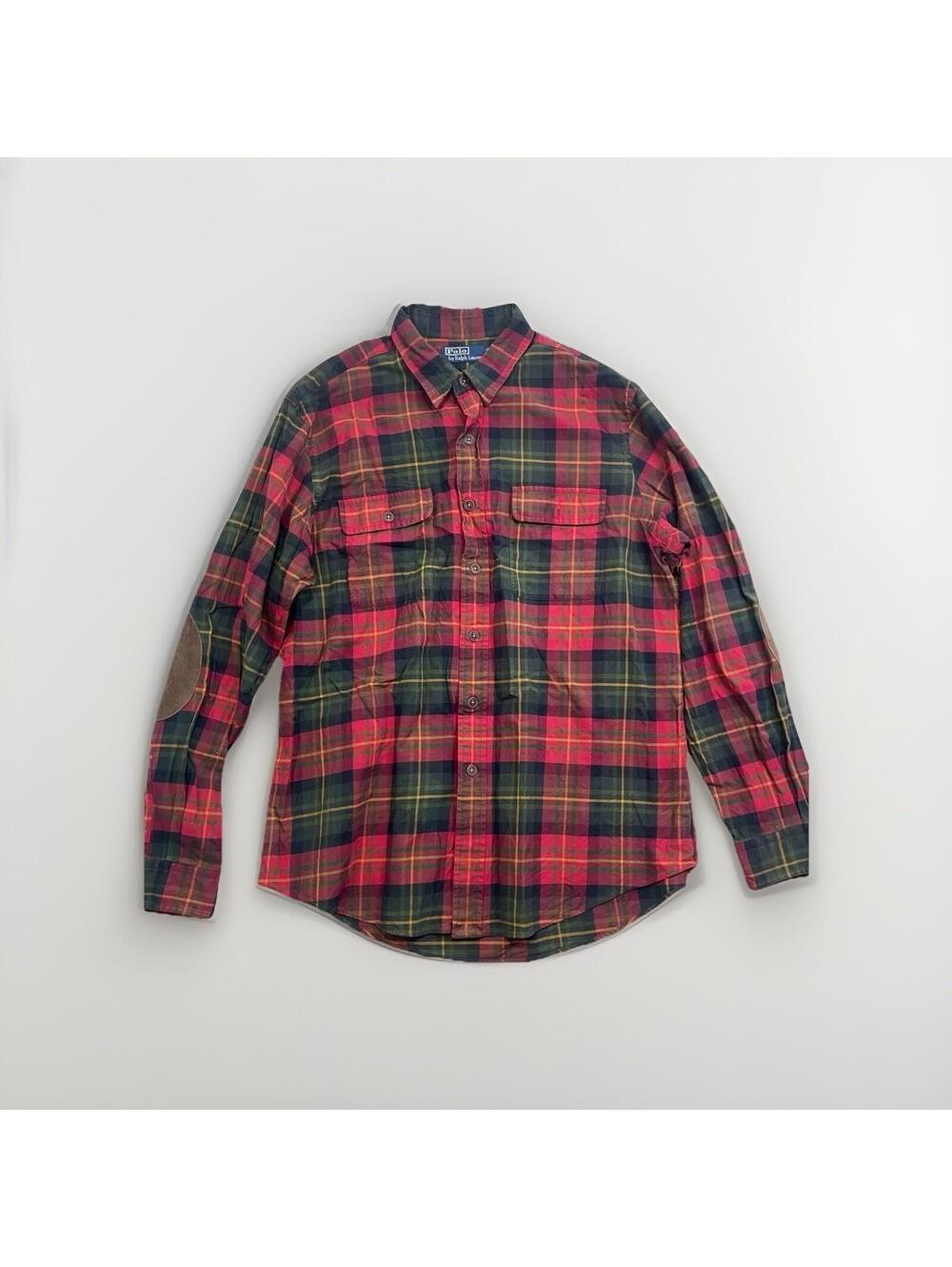 Vintage Polo Ralph Lauren XL Plaid Flannel Shirt‎ Elbow Patch Grunge USA Style